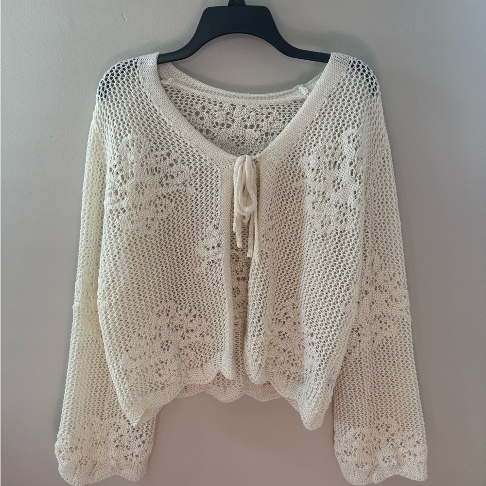 SHEIN Cream V-Neck Sweater with Lace Detailing. #A0005